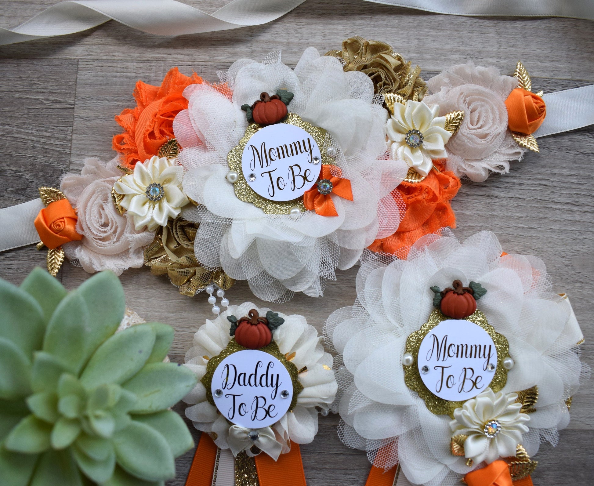 Neutral Pumpkin Baby Shower, Ivory Orange Beige Maternity Sash, Gold Cream Mommy To Be Pin, Beige Pumpkin Fall Daddy To Be Pin, Custom - Celebrations By Cris