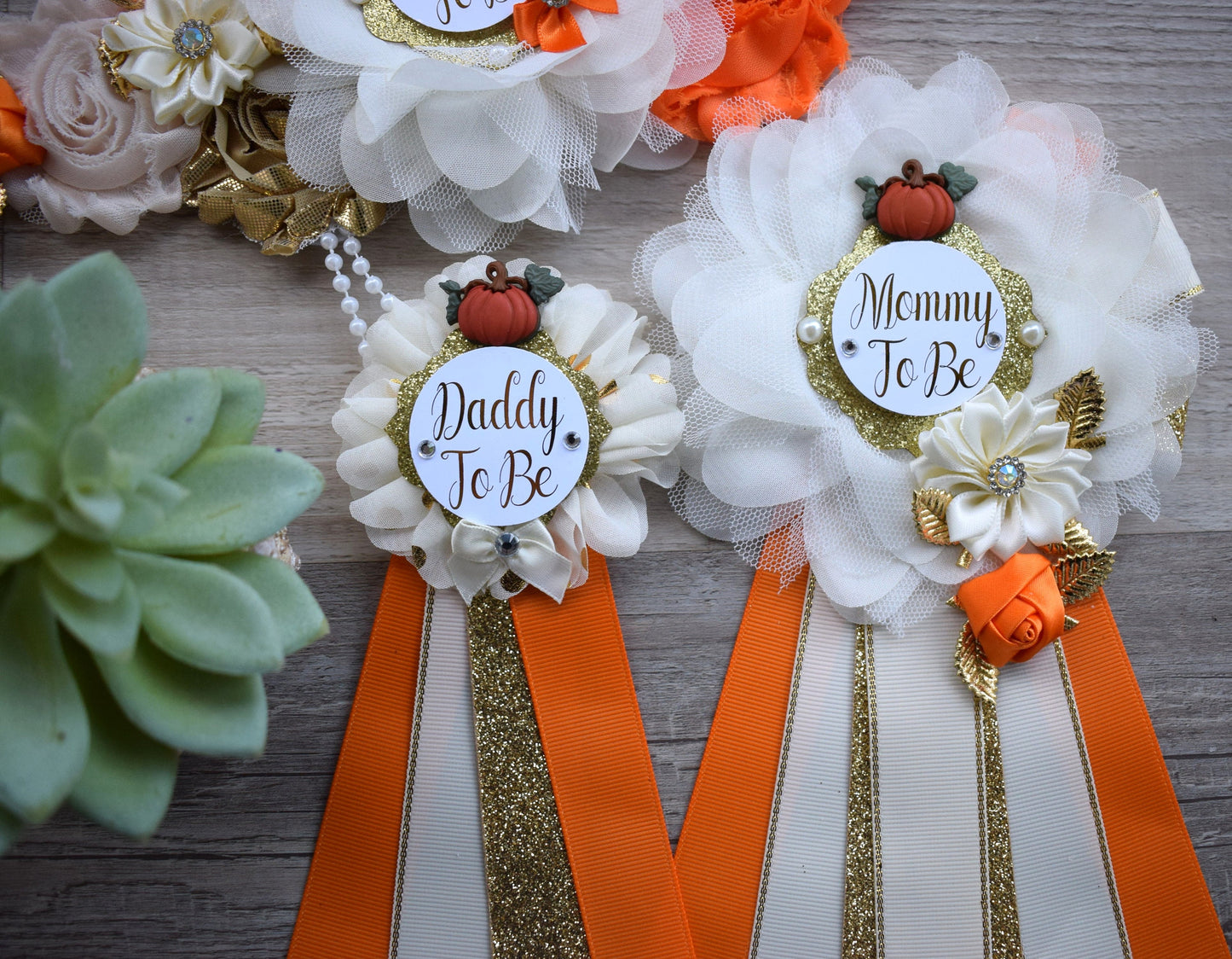 Neutral Pumpkin Baby Shower, Ivory Orange Beige Maternity Sash, Gold Cream Mommy To Be Pin, Beige Pumpkin Fall Daddy To Be Pin, Custom - Celebrations By Cris