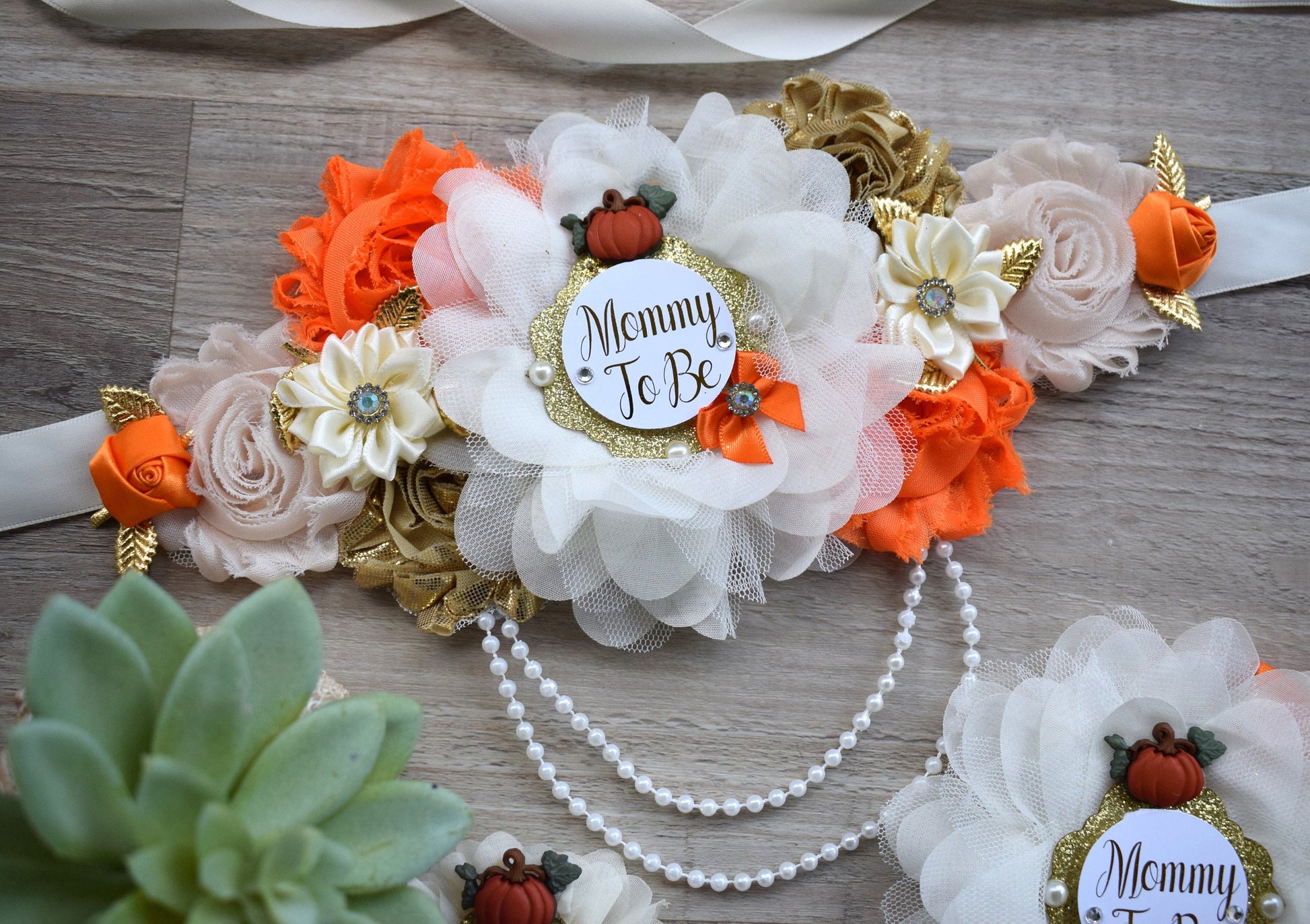 Neutral Pumpkin Baby Shower, Ivory Orange Beige Maternity Sash, Gold Cream Mommy To Be Pin, Beige Pumpkin Fall Daddy To Be Pin, Custom - Celebrations By Cris