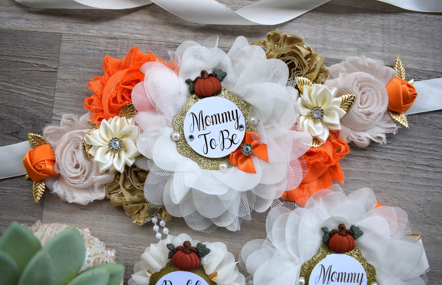 Neutral Pumpkin Baby Shower, Ivory Orange Beige Maternity Sash, Gold Cream Mommy To Be Pin, Beige Pumpkin Fall Daddy To Be Pin, Custom - Celebrations By Cris