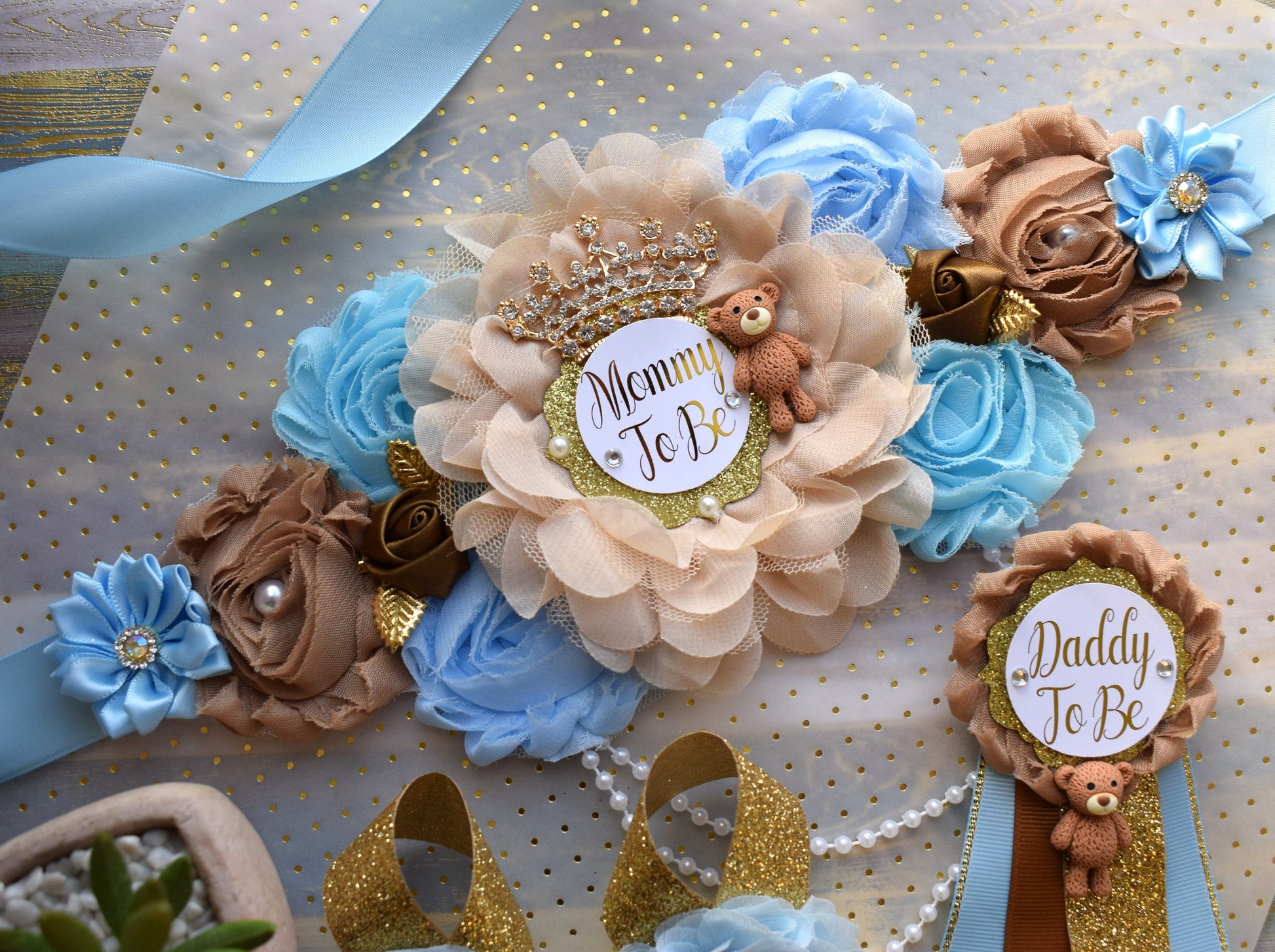 Blue Bear Baby Shower, Teddy Bear Blue Maternity Sash, Teddy Bear Corsage Pin, Bear Mommy To Be, Bear Daddy To Be, Bear Baby Shower, Custom - Celebrations By Cris