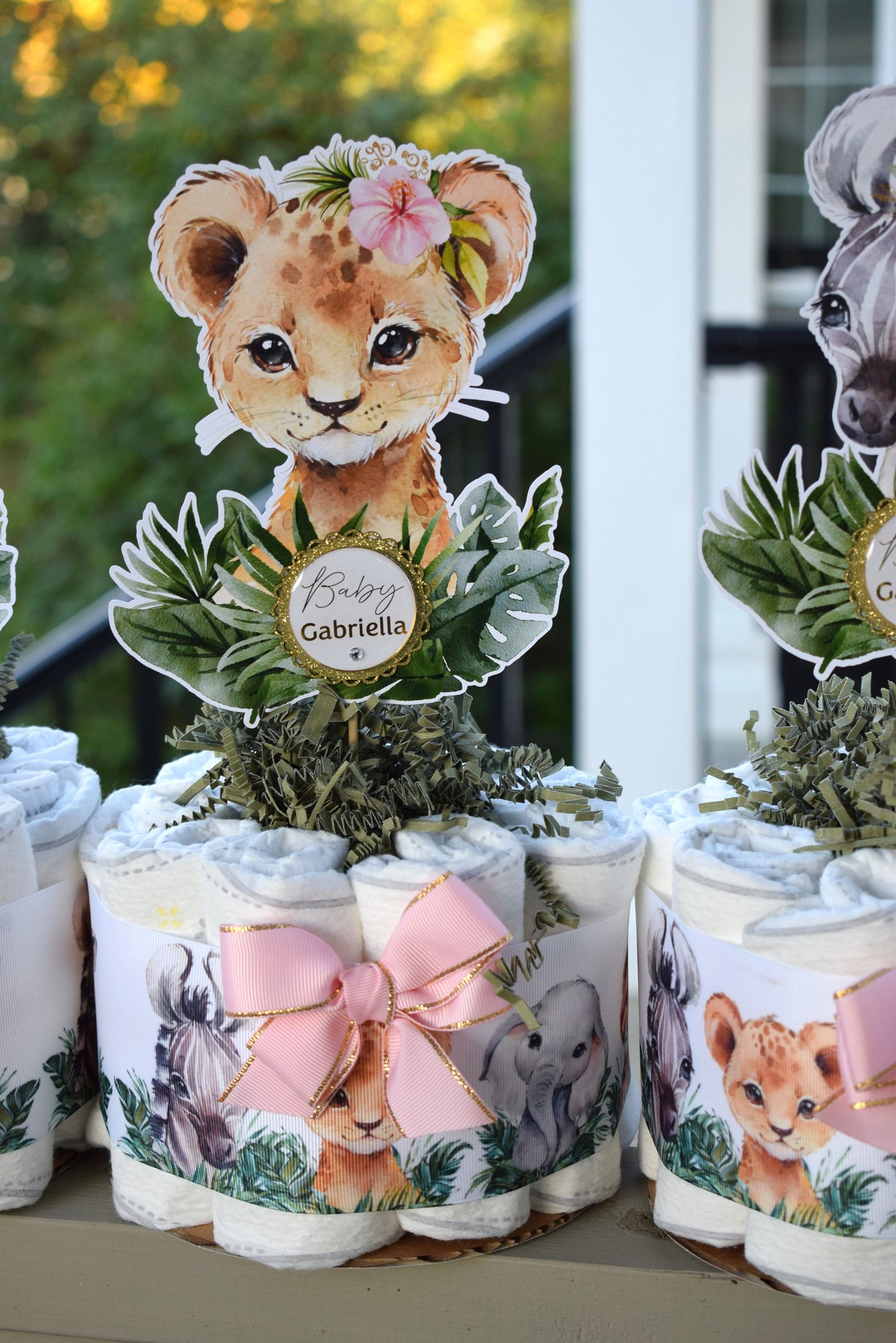 Girl Jungle Safari Mini Diaper Cake Set Baby Shower, Baby Shower Centerpieces Decorations, Girls Room Nursery Decor, New Mom Gifts - S0002