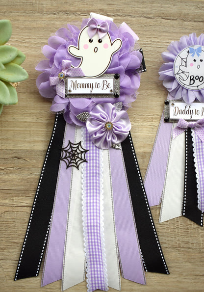 Lavender Ghost Halloween Baby Shower, Lilac Maternity Sash, Mommy To Be Ribbon, Daddy To Be Pin, Halloween Baby Shower Gift, Custom - Celebrations By Cris