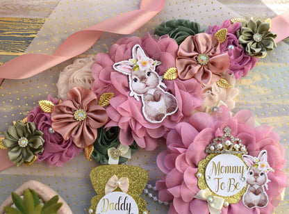 Girl Bunny Baby Shower, Bunny Maternity Belly Sash, Pink Gold Sage Rabbit Rabbit, Bunny Mommy To Be Ribbon, Bunny Daddy To Be Pin - Celebrations By Cris