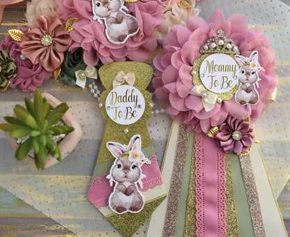 Girl Bunny Baby Shower, Bunny Maternity Belly Sash, Pink Gold Sage Rabbit Rabbit, Bunny Mommy To Be Ribbon, Bunny Daddy To Be Pin - Celebrations By Cris