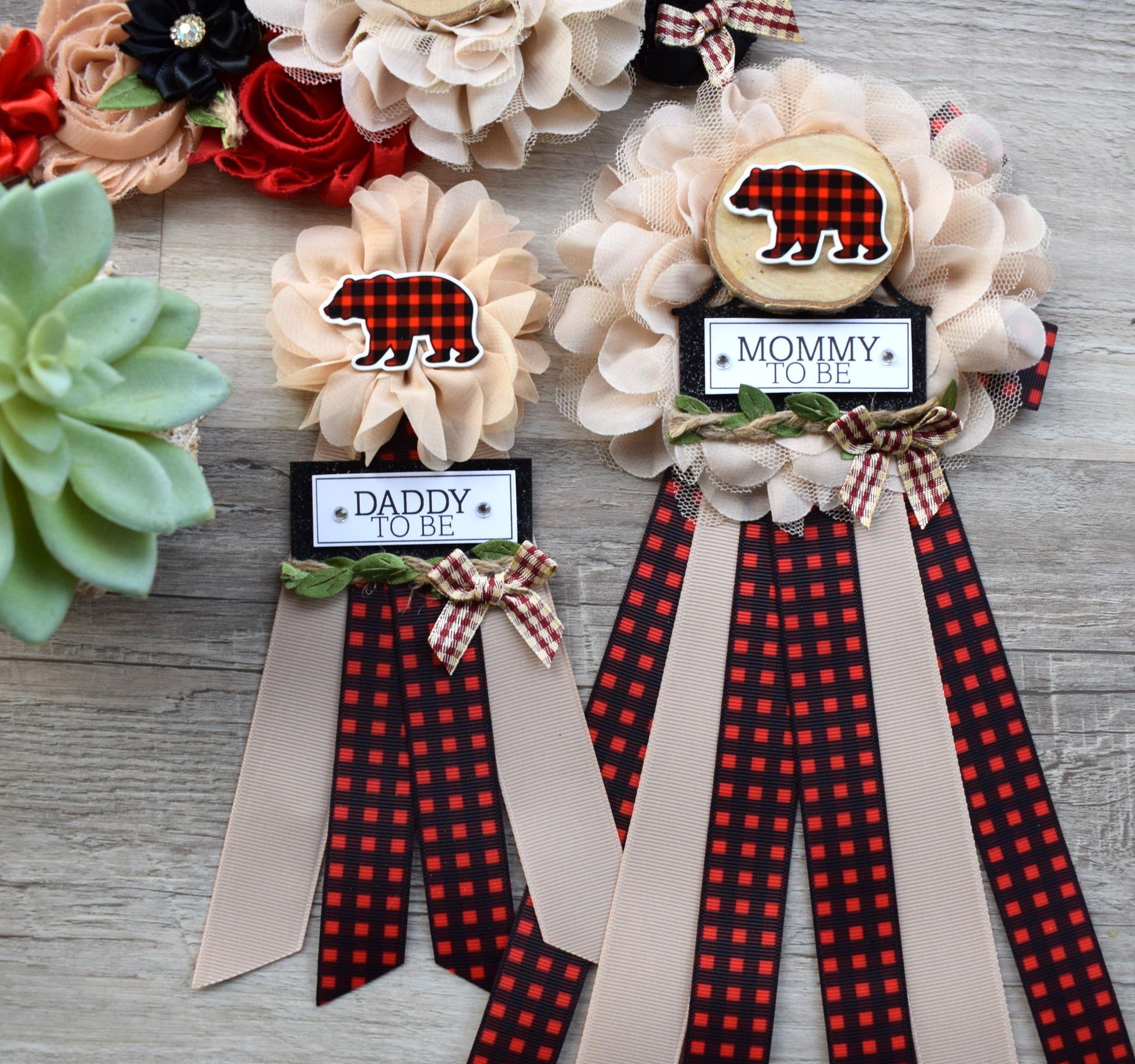 Bear Buffalo Plaid Baby Shower, Burlap with Buffalo Maternity Sash, Bear Rustic Pregnant Sash, Burlap Red Green Brown Sash, Custom - Celebrations By Cris