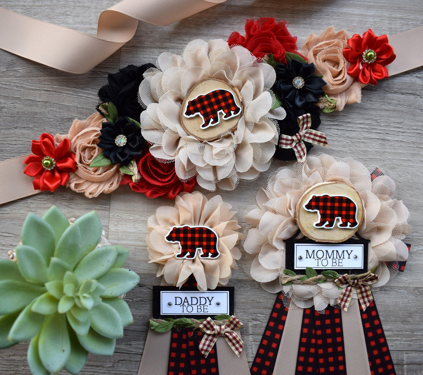 Bear Buffalo Plaid Baby Shower, Burlap with Buffalo Maternity Sash, Bear Rustic Pregnant Sash, Burlap Red Green Brown Sash, Custom - Celebrations By Cris