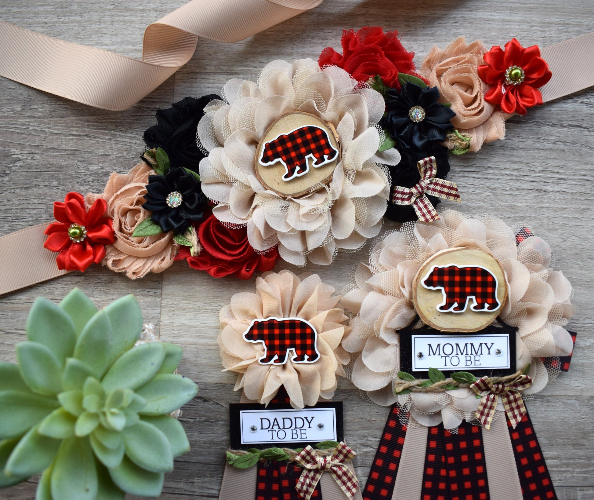 Bear Buffalo Plaid Baby Shower, Burlap with Buffalo Maternity Sash, Bear Rustic Pregnant Sash, Burlap Red Green Brown Sash, Custom - Celebrations By Cris