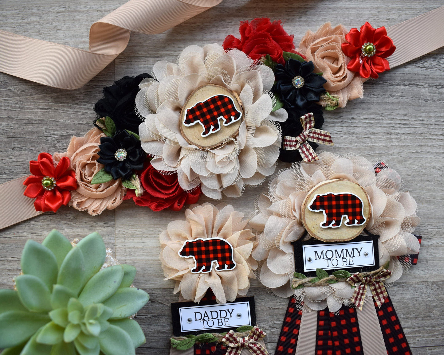 Bear Buffalo Plaid Baby Shower, Burlap with Buffalo Maternity Sash, Bear Rustic Pregnant Sash, Burlap Red Green Brown Sash, Custom - Celebrations By Cris