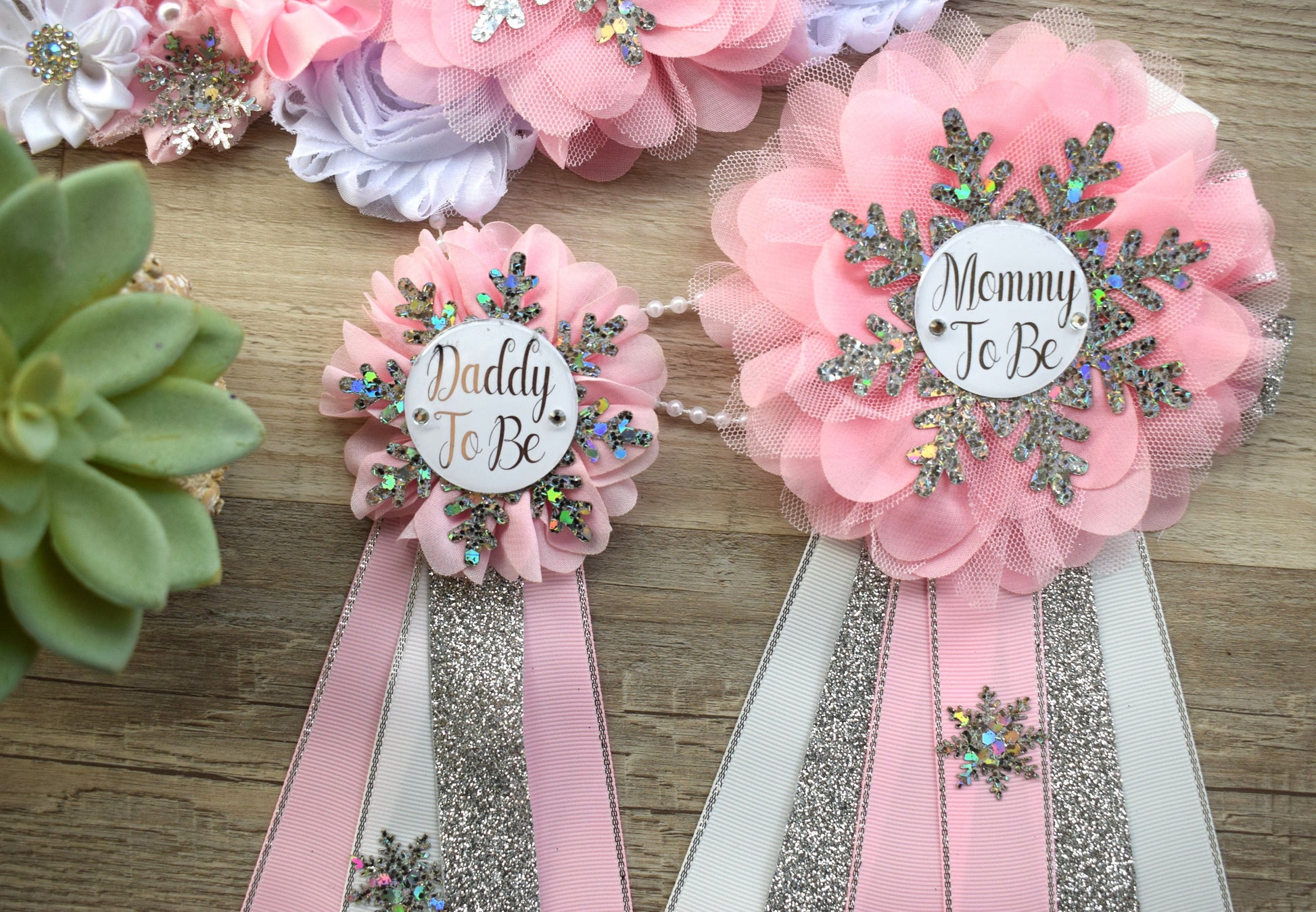 Pink Snowflake Baby Shower, Pink Silver Maternity Sash, Snowflake Mommy To Be Ribbon, Daddy To Be Pin, Baby Shower Gift, Custom - Celebrations By Cris