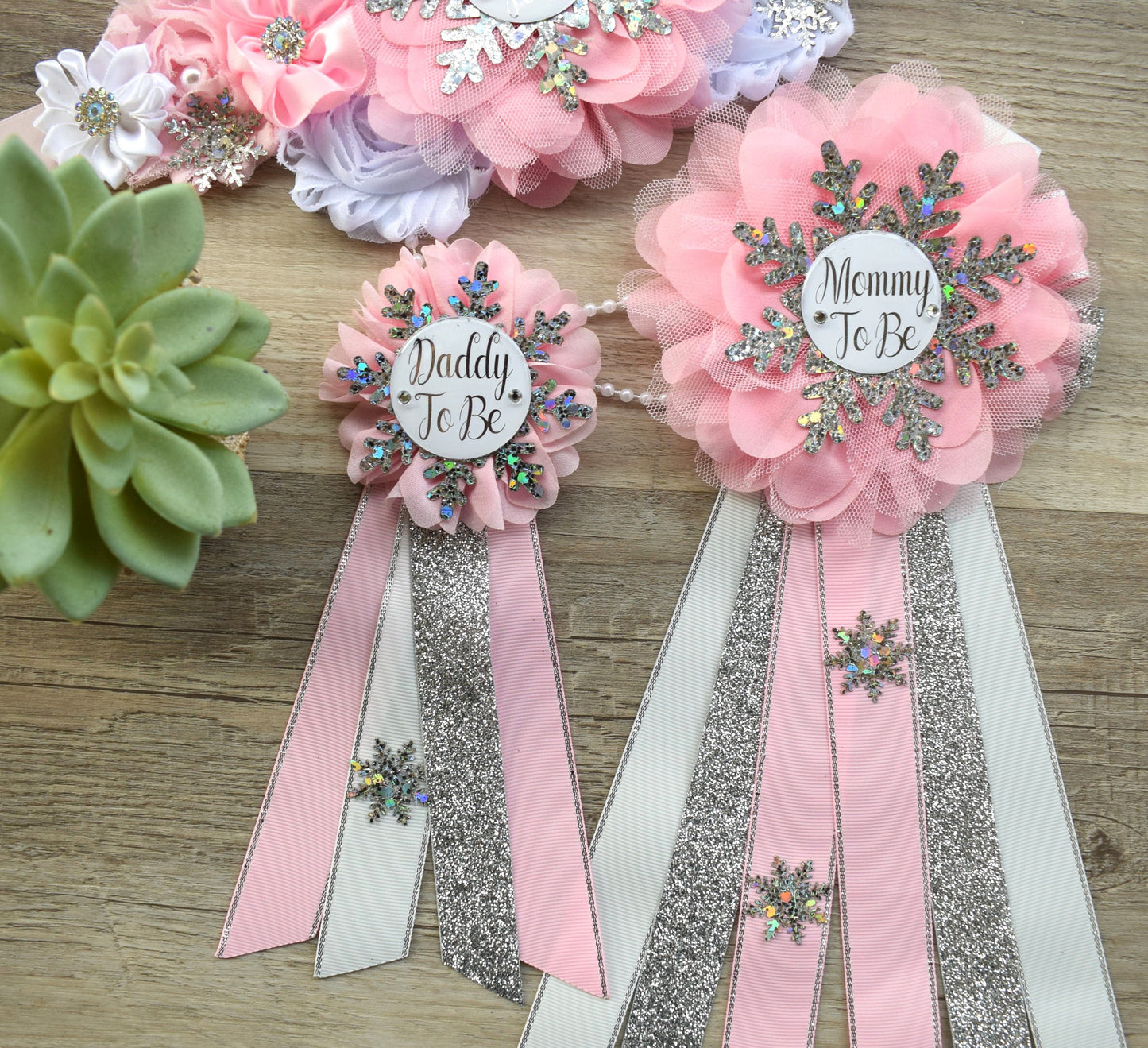 Pink Snowflake Baby Shower, Pink Silver Maternity Sash, Snowflake Mommy To Be Ribbon, Daddy To Be Pin, Baby Shower Gift, Custom - Celebrations By Cris