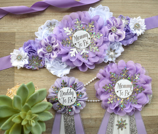 Lavender Snowflake Baby Shower, Lavender Silver Flower Sash, Lavender Silver Maternity Sash, Lavender White Sash, Mommy and Daddy To Be - Celebrations By Cris