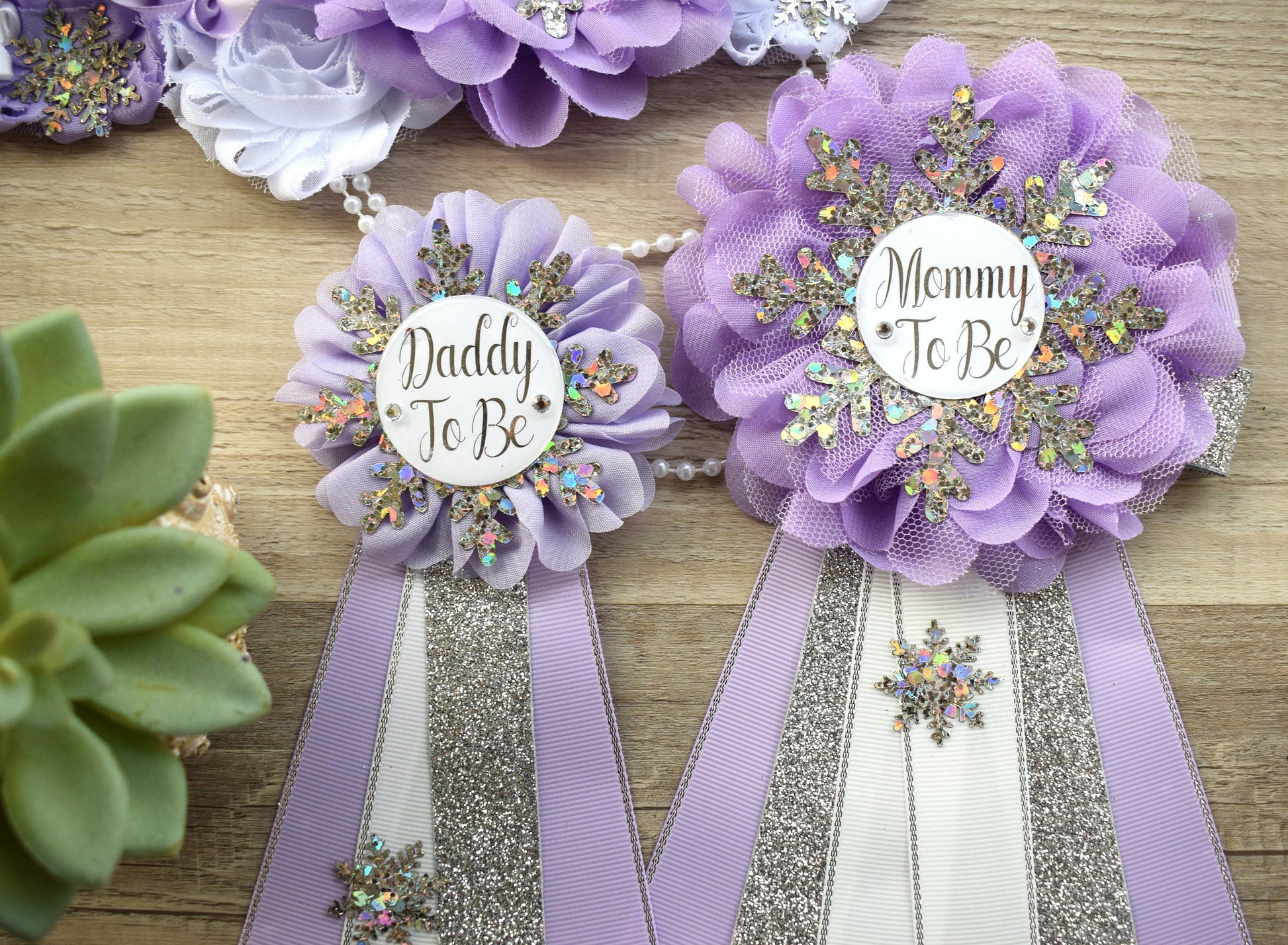 Lavender Snowflake Baby Shower, Lavender Silver Flower Sash, Lavender Silver Maternity Sash, Lavender White Sash, Mommy and Daddy To Be - Celebrations By Cris