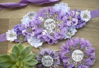 Lavender Snowflake Baby Shower, Lavender Silver Flower Sash, Lavender Silver Maternity Sash, Lavender White Sash, Mommy and Daddy To Be - Celebrations By Cris