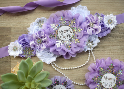 Lavender Snowflake Baby Shower, Lavender Silver Flower Sash, Lavender Silver Maternity Sash, Lavender White Sash, Mommy and Daddy To Be - Celebrations By Cris