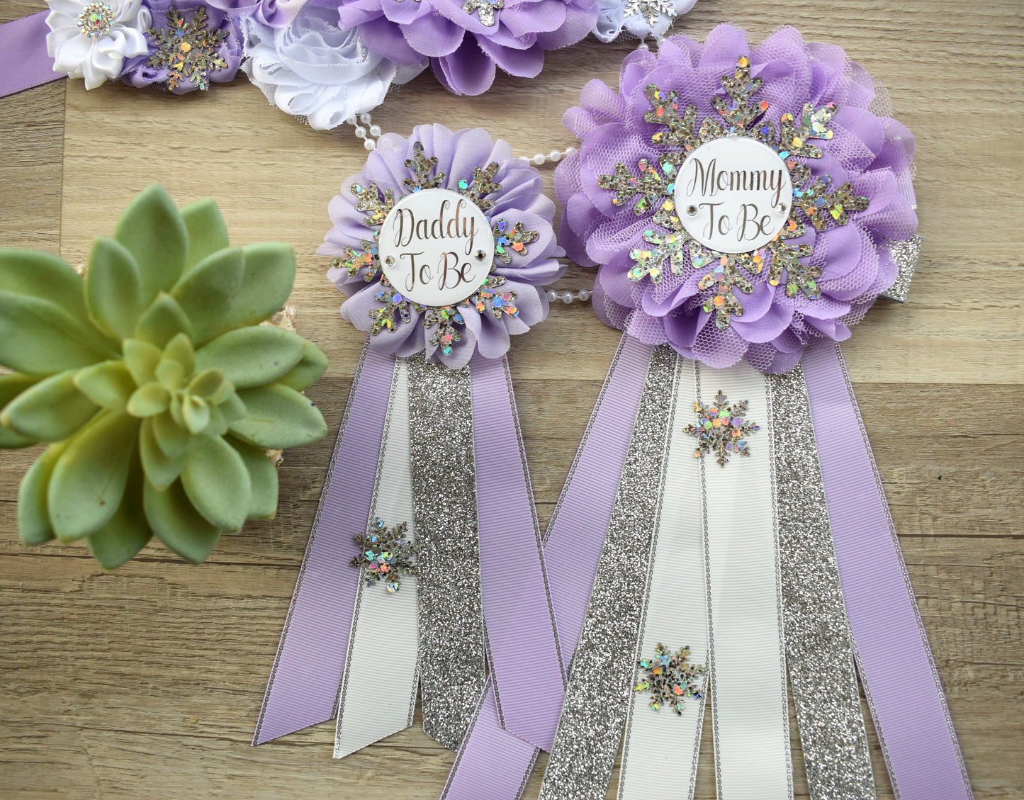 Lavender Snowflake Baby Shower, Lavender Silver Flower Sash, Lavender Silver Maternity Sash, Lavender White Sash, Mommy and Daddy To Be - Celebrations By Cris