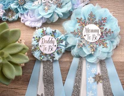 Blue Snowflake Baby Shower, Blue White Silver Flower Sash, Blue Maternity Sash, Blue Silver White Sash, Mommy To Be Snowflake Shower - Celebrations By Cris