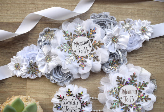 Gender Reveal Snowflake Baby Shower, White Silver Maternity Sash, Snowflake Mommy To Be Ribbon, Daddy To Be pin, Baby Shower Gift, Custom