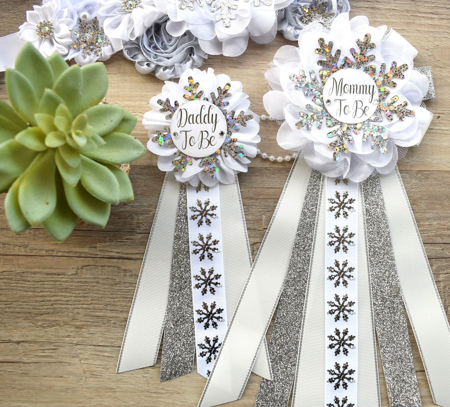 Gender Reveal Snowflake Baby Shower, White Silver Maternity Sash, Snowflake Mommy To Be Ribbon, Daddy To Be pin, Baby Shower Gift, Custom