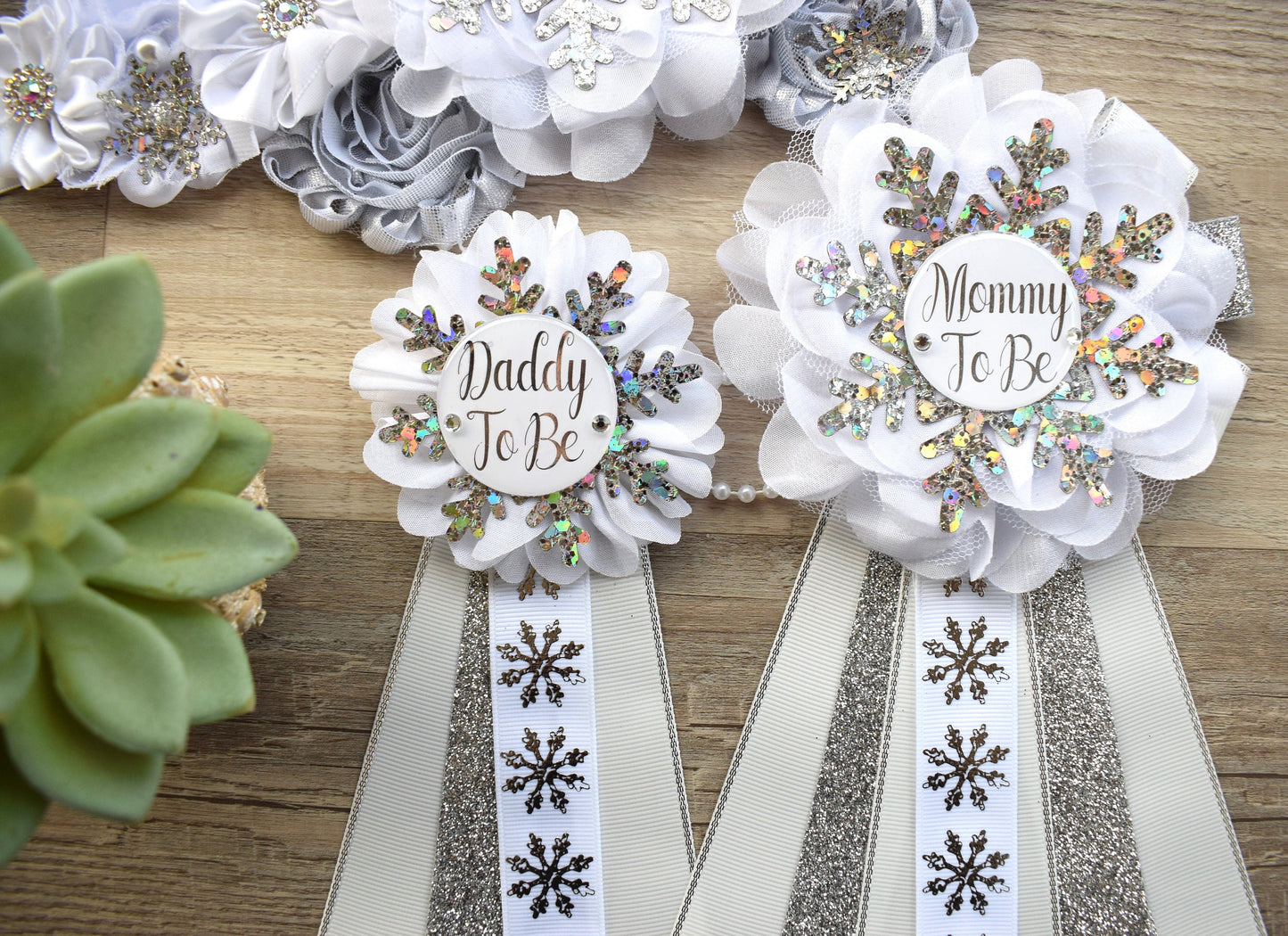 Gender Reveal Snowflake Baby Shower, White Silver Maternity Sash, Snowflake Mommy To Be Ribbon, Daddy To Be pin, Baby Shower Gift, Custom