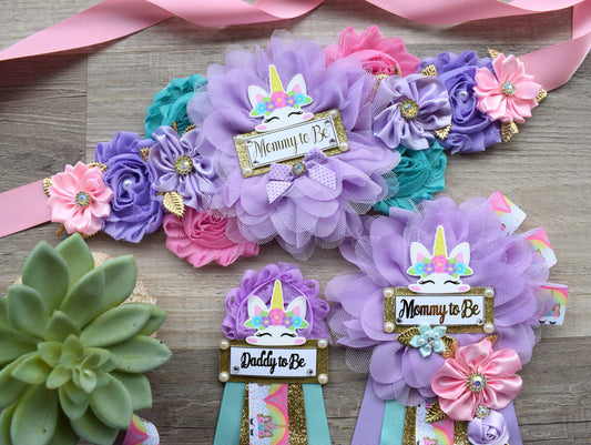 Unicorn Baby Shower, Unicorn Maternity Sash, Unicorn Mommy To Be Ribbon, Daddy To Be Pin, Purple Aqua Pink Sash, Unicorn Baby Shower - Celebrations By Cris