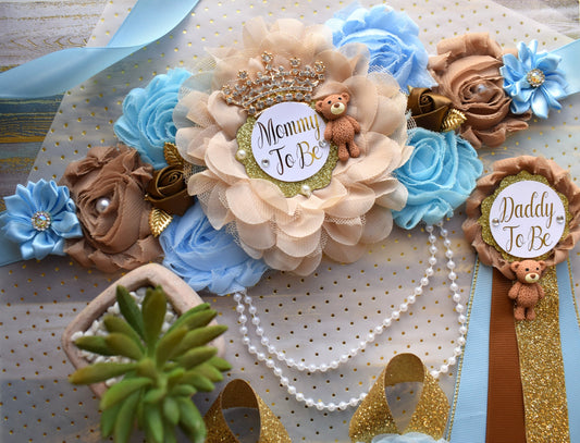 Blue Bear Baby Shower, Teddy Bear Blue Maternity Sash, Teddy Bear Corsage Pin, Bear Mommy To Be, Bear Daddy To Be, Bear Baby Shower, Custom - Celebrations By Cris