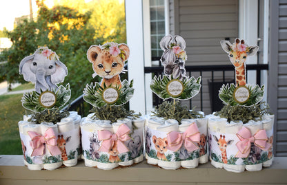 Girl Jungle Safari Mini Diaper Cake Set Baby Shower, Baby Shower Centerpieces Decorations, Girls Room Nursery Decor, New Mom Gifts - S0002