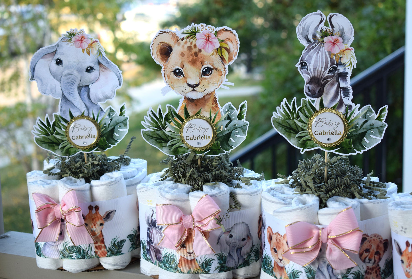 Girl Jungle Safari Mini Diaper Cake Set Baby Shower, Baby Shower Centerpieces Decorations, Girls Room Nursery Decor, New Mom Gifts - S0002