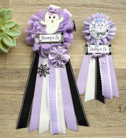 Lavender Ghost Halloween Baby Shower, Lilac Maternity Sash, Mommy To Be Ribbon, Daddy To Be Pin, Halloween Baby Shower Gift, Custom - Celebrations By Cris