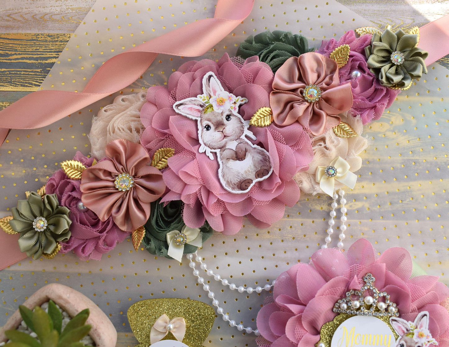 Girl Bunny Baby Shower, Bunny Maternity Belly Sash, Pink Gold Sage Rabbit Rabbit, Bunny Mommy To Be Ribbon, Bunny Daddy To Be Pin - Celebrations By Cris