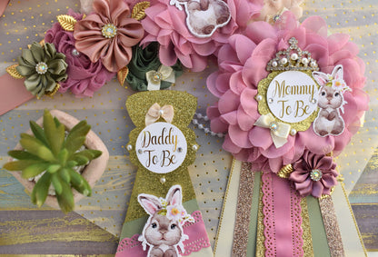 Girl Bunny Baby Shower, Bunny Maternity Belly Sash, Pink Gold Sage Rabbit Rabbit, Bunny Mommy To Be Ribbon, Bunny Daddy To Be Pin - Celebrations By Cris