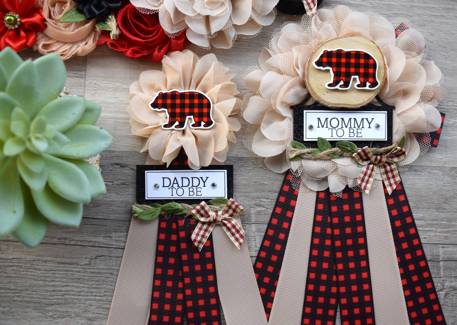 Bear Buffalo Plaid Baby Shower, Burlap with Buffalo Maternity Sash, Bear Rustic Pregnant Sash, Burlap Red Green Brown Sash, Custom - Celebrations By Cris