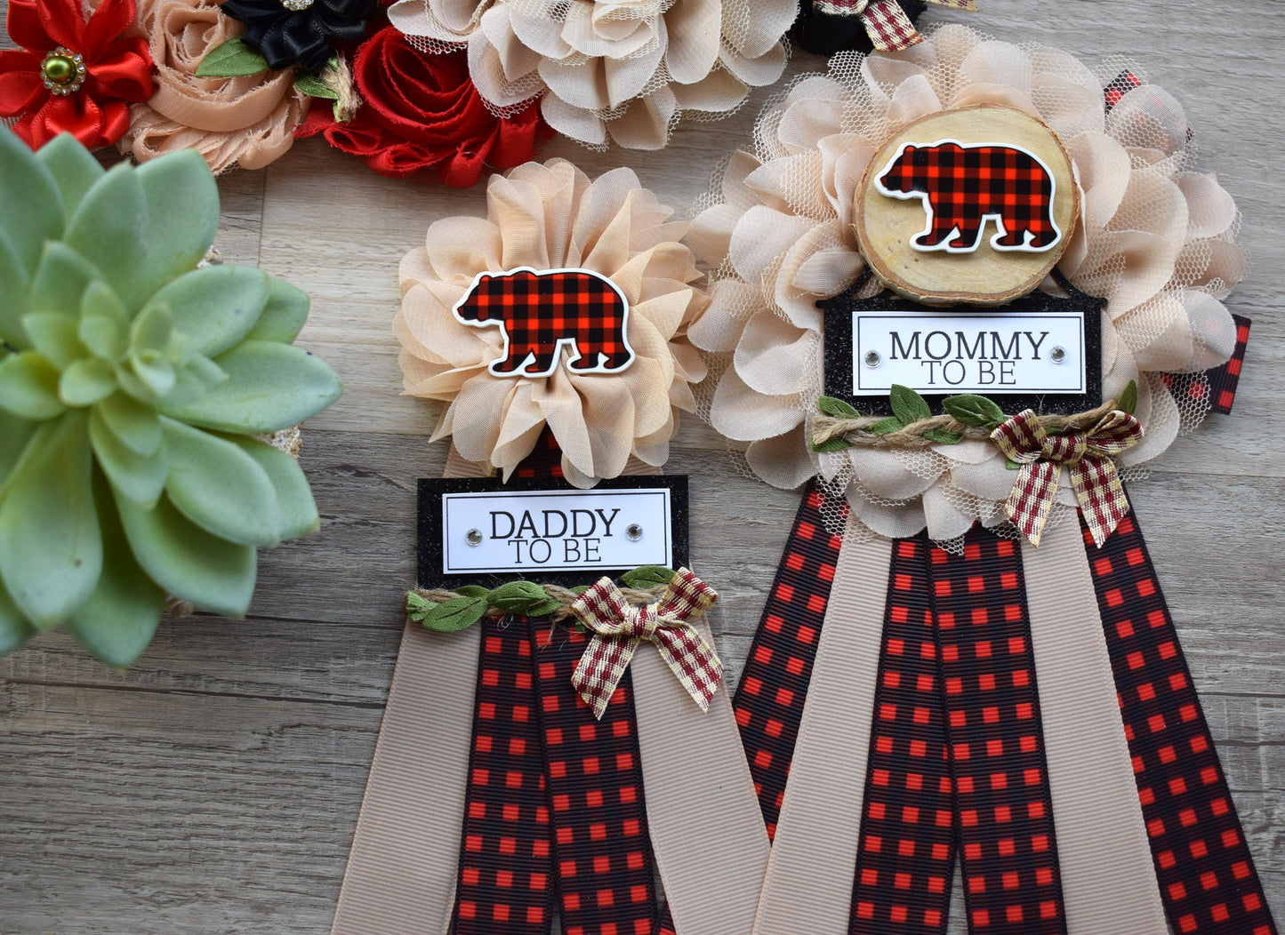 Bear Buffalo Plaid Baby Shower, Burlap with Buffalo Maternity Sash, Bear Rustic Pregnant Sash, Burlap Red Green Brown Sash, Custom - Celebrations By Cris