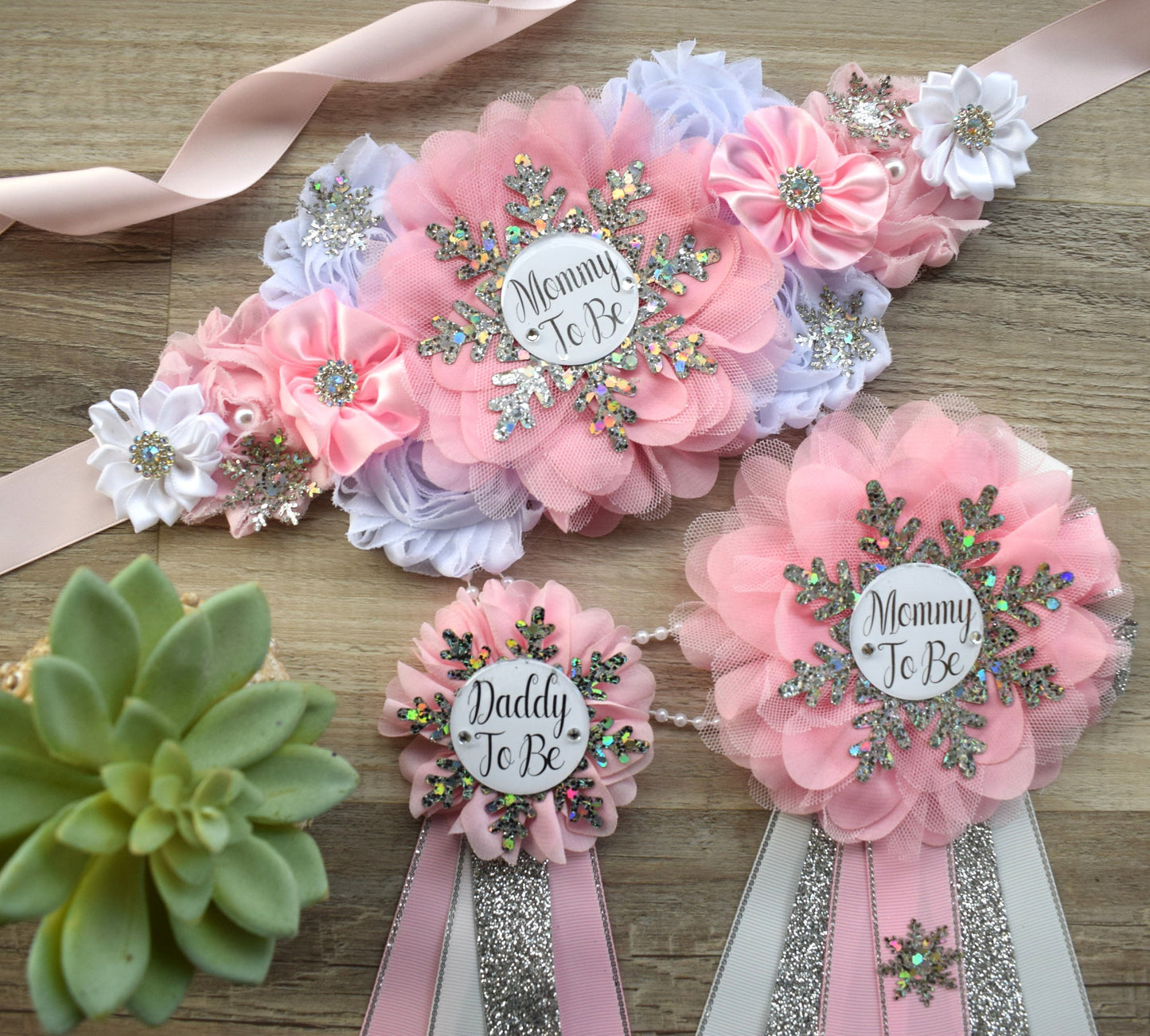 Pink Snowflake Baby Shower, Pink Silver Maternity Sash, Snowflake Mommy To Be Ribbon, Daddy To Be Pin, Baby Shower Gift, Custom - Celebrations By Cris