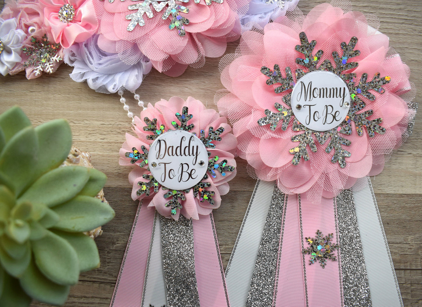 Pink Snowflake Baby Shower, Pink Silver Maternity Sash, Snowflake Mommy To Be Ribbon, Daddy To Be Pin, Baby Shower Gift, Custom - Celebrations By Cris