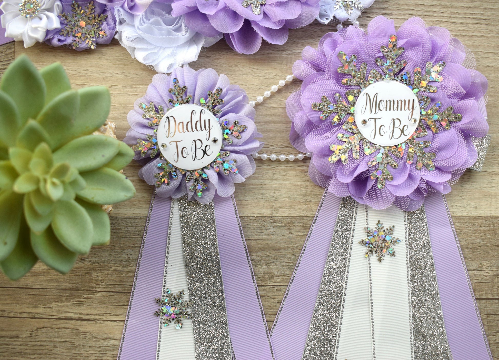 Lavender Snowflake Baby Shower, Lavender Silver Flower Sash, Lavender Silver Maternity Sash, Lavender White Sash, Mommy and Daddy To Be - Celebrations By Cris