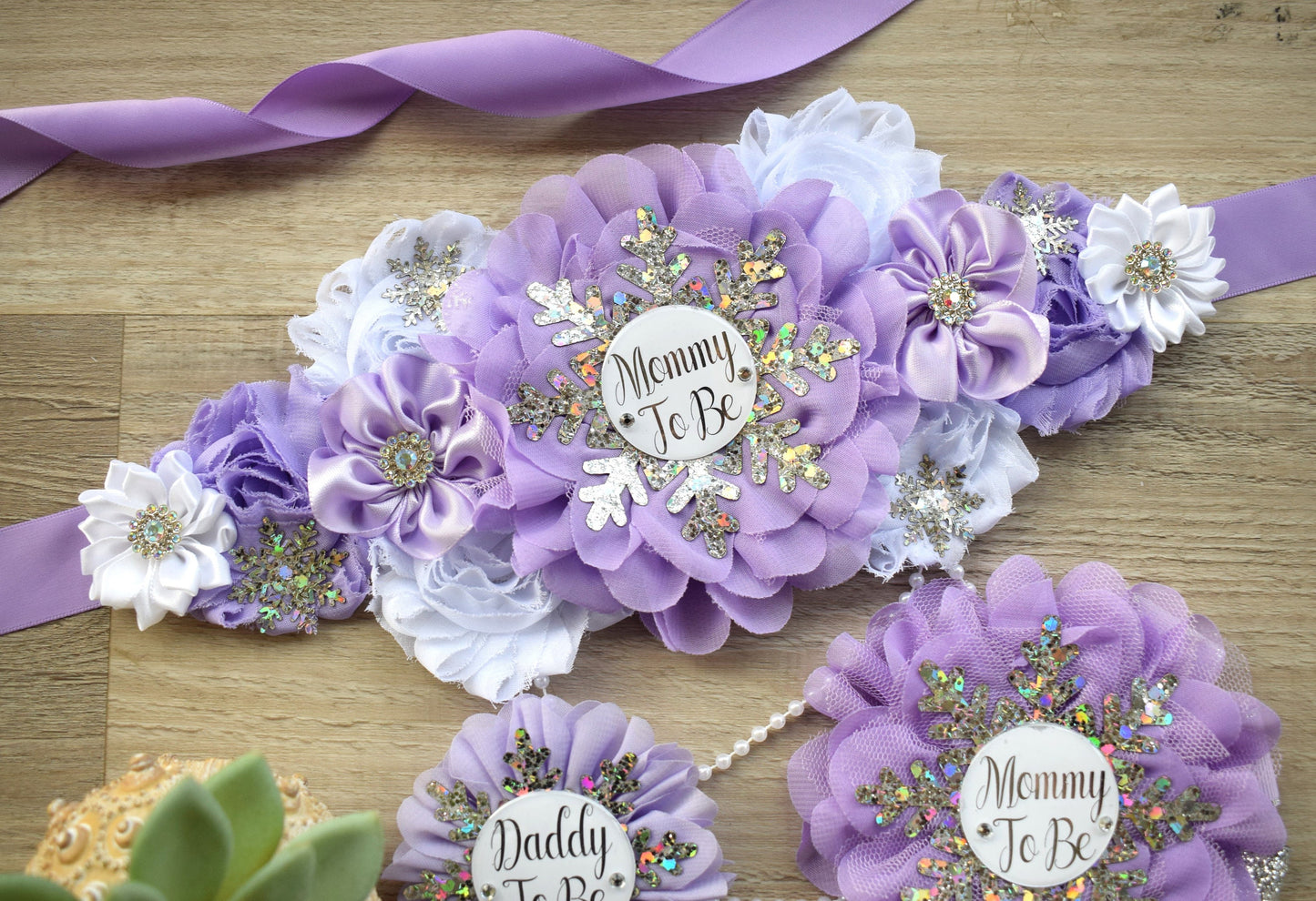 Lavender Snowflake Baby Shower, Lavender Silver Flower Sash, Lavender Silver Maternity Sash, Lavender White Sash, Mommy and Daddy To Be - Celebrations By Cris