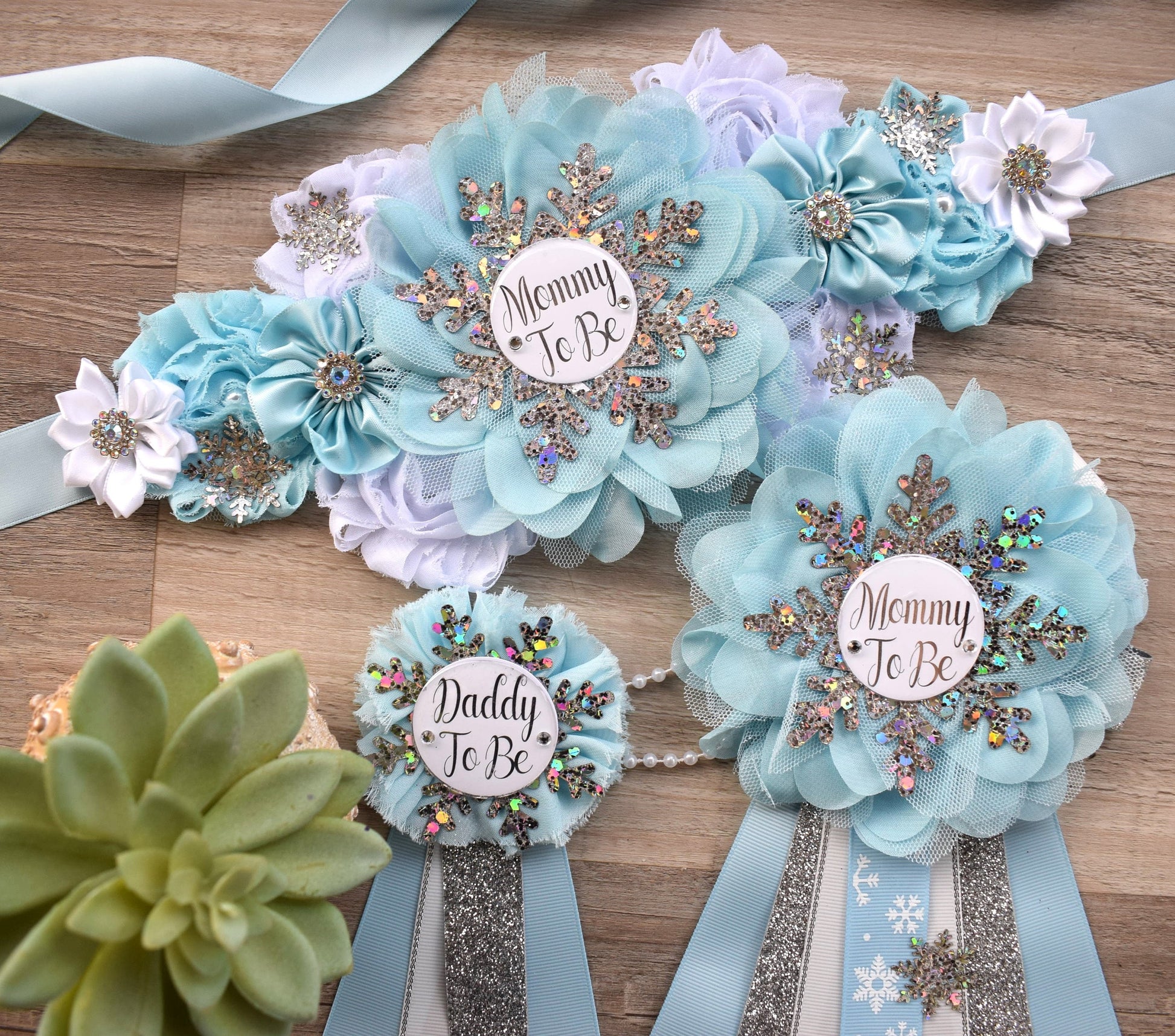 Blue Snowflake Baby Shower, Blue White Silver Flower Sash, Blue Maternity Sash, Blue Silver White Sash, Mommy To Be Snowflake Shower - Celebrations By Cris