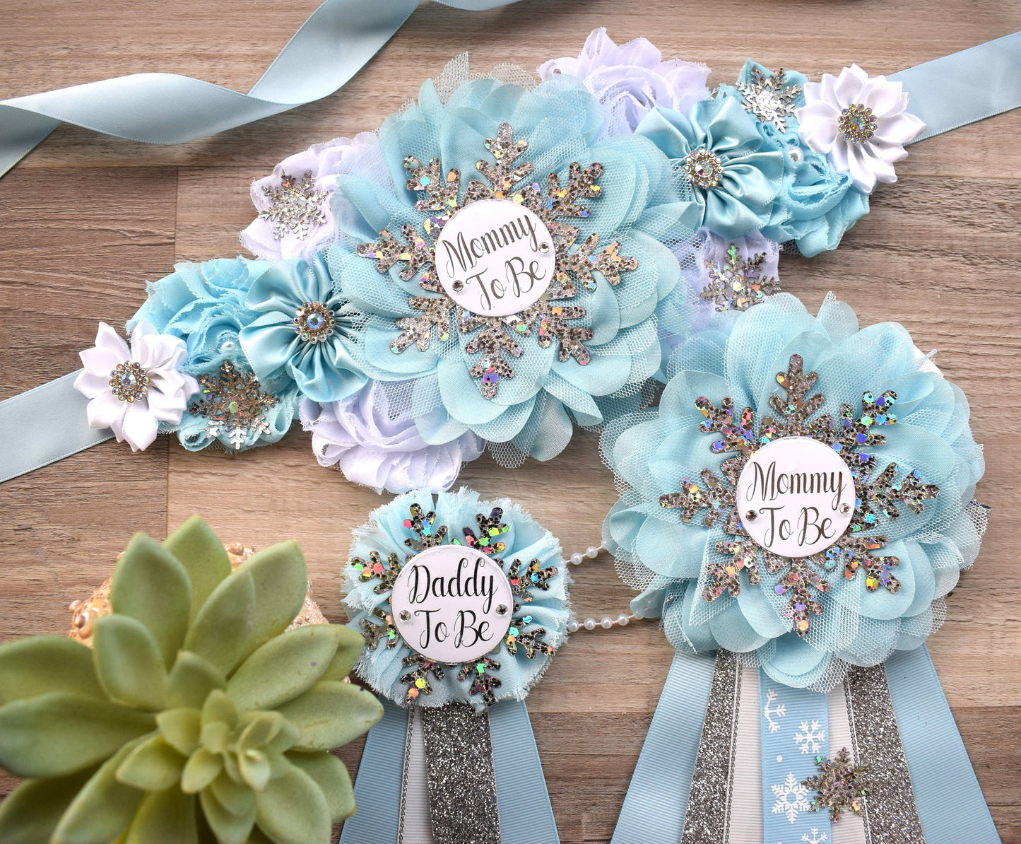 Blue Snowflake Baby Shower, Blue White Silver Flower Sash, Blue Maternity Sash, Blue Silver White Sash, Mommy To Be Snowflake Shower - Celebrations By Cris