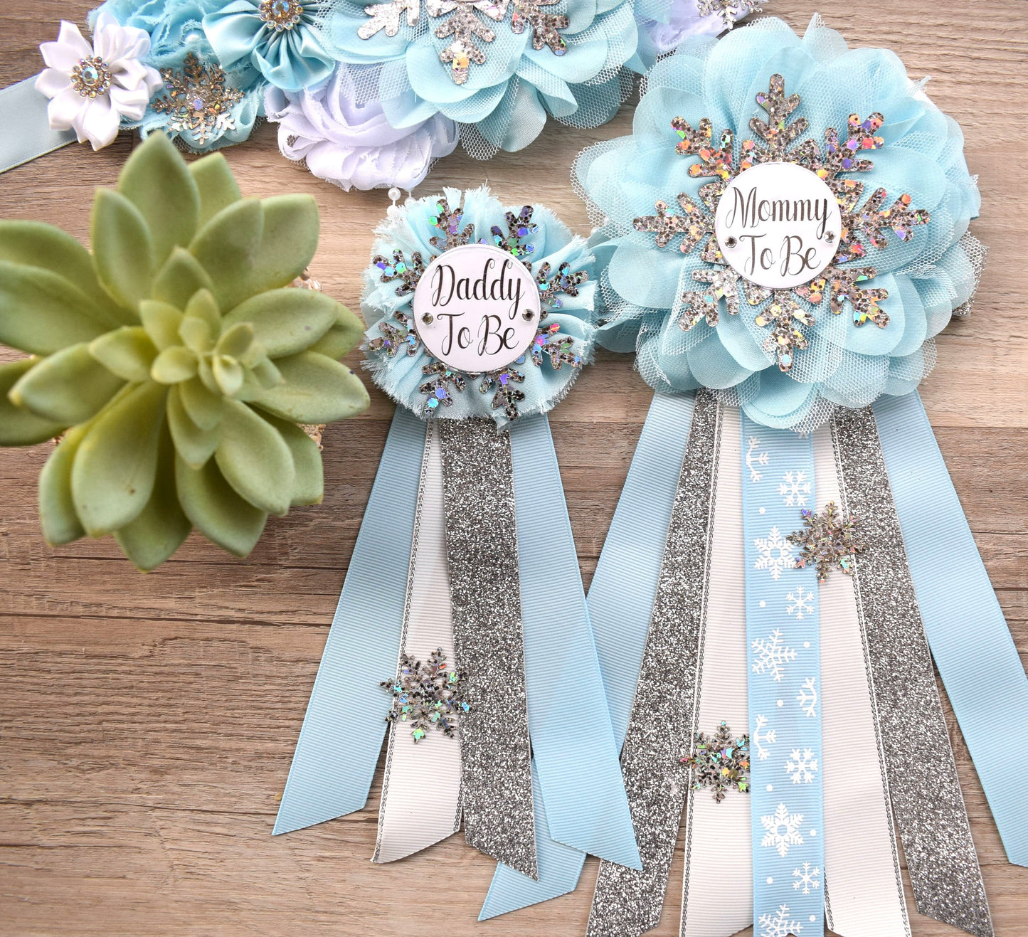 Blue Snowflake Baby Shower, Blue White Silver Flower Sash, Blue Maternity Sash, Blue Silver White Sash, Mommy To Be Snowflake Shower - Celebrations By Cris