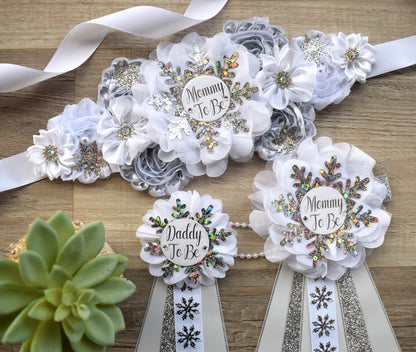 Gender Reveal Snowflake Baby Shower, White Silver Maternity Sash, Snowflake Mommy To Be Ribbon, Daddy To Be pin, Baby Shower Gift, Custom