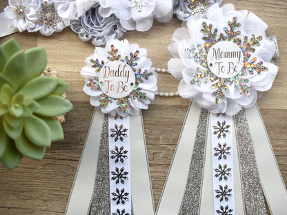 Gender Reveal Snowflake Baby Shower, White Silver Maternity Sash, Snowflake Mommy To Be Ribbon, Daddy To Be pin, Baby Shower Gift, Custom