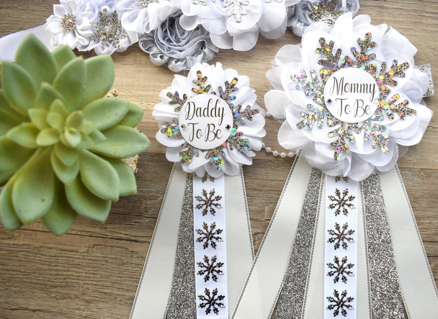 Gender Reveal Snowflake Baby Shower, White Silver Maternity Sash, Snowflake Mommy To Be Ribbon, Daddy To Be pin, Baby Shower Gift, Custom