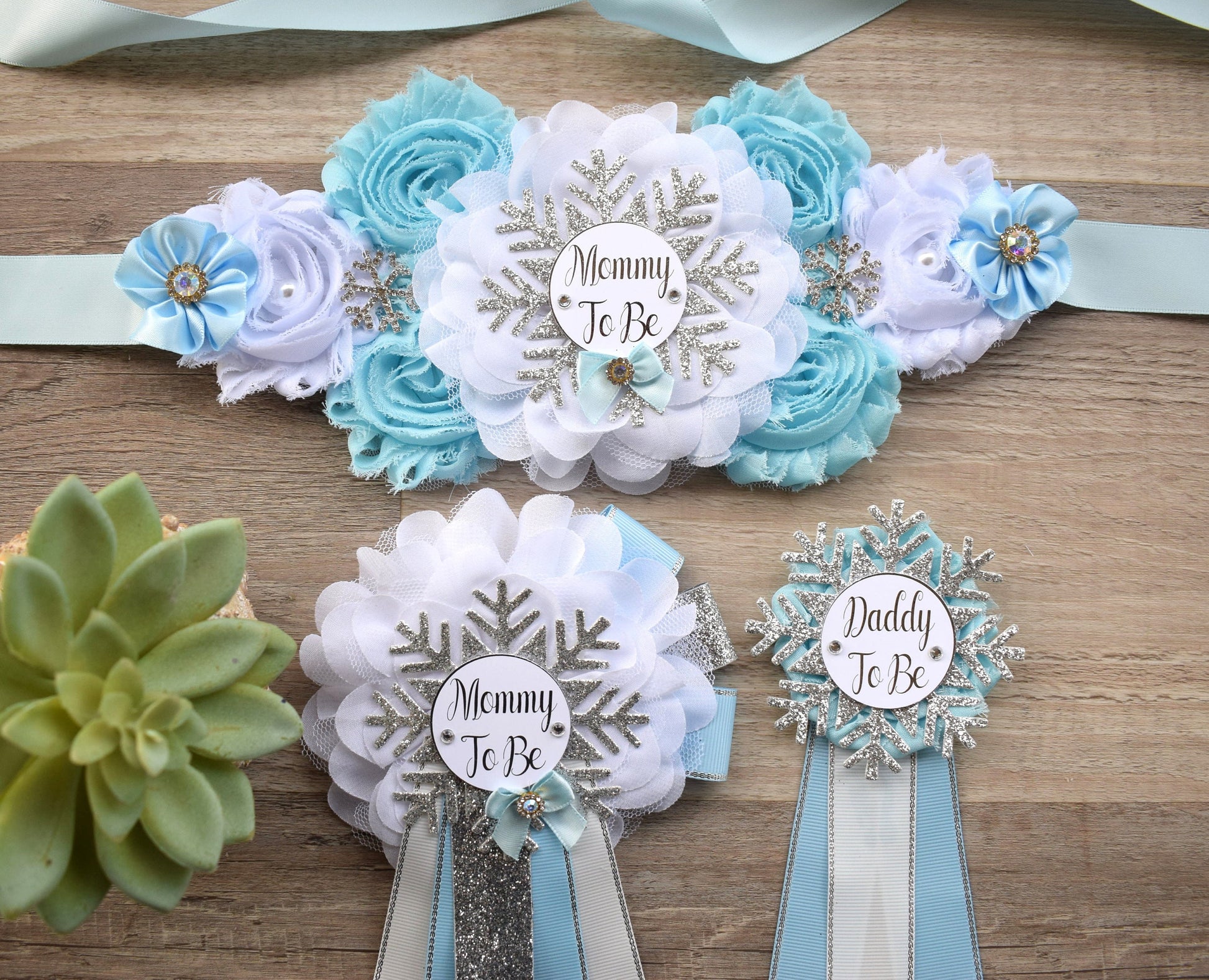 Blue Snowflake Baby Shower, Blue White Silver Flower Sash, Blue Maternity Sash, Blue Silver White Sash, Mommy To Be Snowflake Shower - Celebrations By Cris