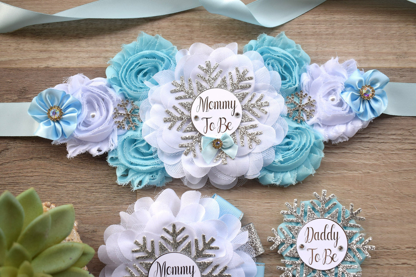 Blue Snowflake Baby Shower, Blue White Silver Flower Sash, Blue Maternity Sash, Blue Silver White Sash, Mommy To Be Snowflake Shower - Celebrations By Cris