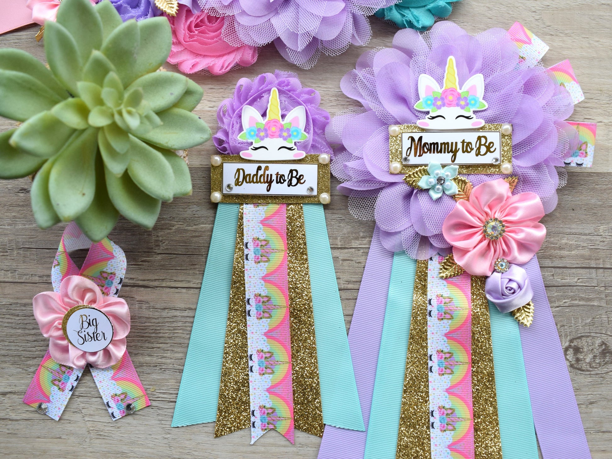 Unicorn Baby Shower, Unicorn Maternity Sash, Unicorn Mommy To Be Ribbon, Daddy To Be Pin, Purple Aqua Pink Sash, Unicorn Baby Shower - Celebrations By Cris