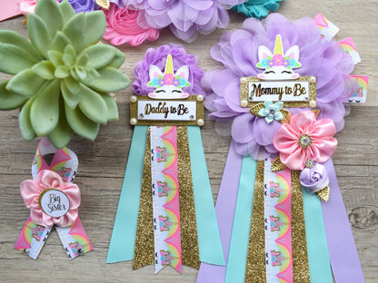 Unicorn Baby Shower, Unicorn Maternity Sash, Unicorn Mommy To Be Ribbon, Daddy To Be Pin, Purple Aqua Pink Sash, Unicorn Baby Shower - Celebrations By Cris