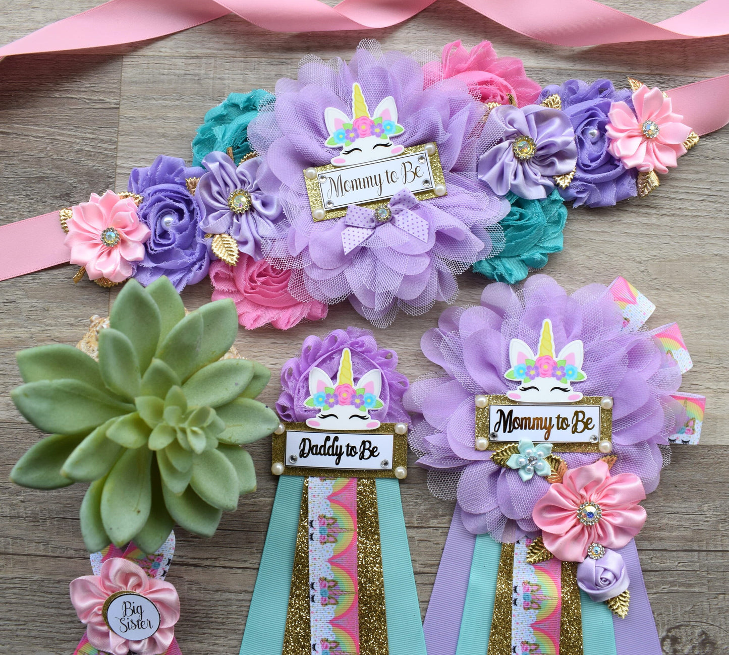 Unicorn Baby Shower, Unicorn Maternity Sash, Unicorn Mommy To Be Ribbon, Daddy To Be Pin, Purple Aqua Pink Sash, Unicorn Baby Shower - Celebrations By Cris