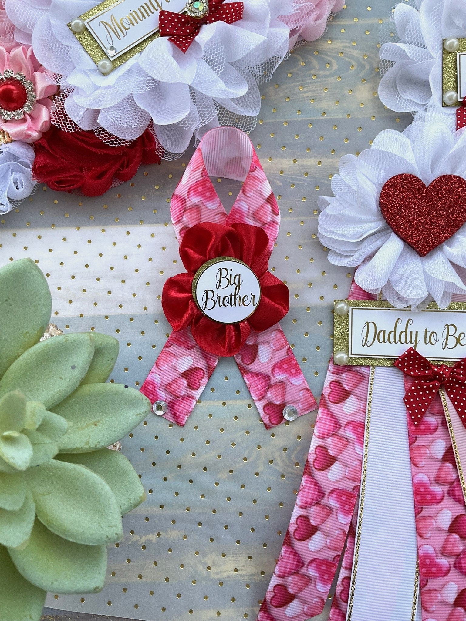 San Valentine Baby Shower, Red Pink White Heart Maternity Sash, Red Love Heart Mommy To Be Ribbon, Valentine Daddy To Be Pin, Custom - Celebrations By Cris