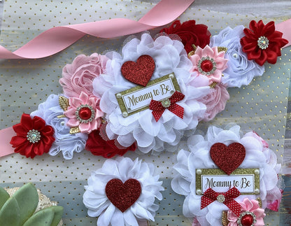 San Valentine Baby Shower, Red Pink White Heart Maternity Sash, Red Love Heart Mommy To Be Ribbon, Valentine Daddy To Be Pin, Custom - Celebrations By Cris